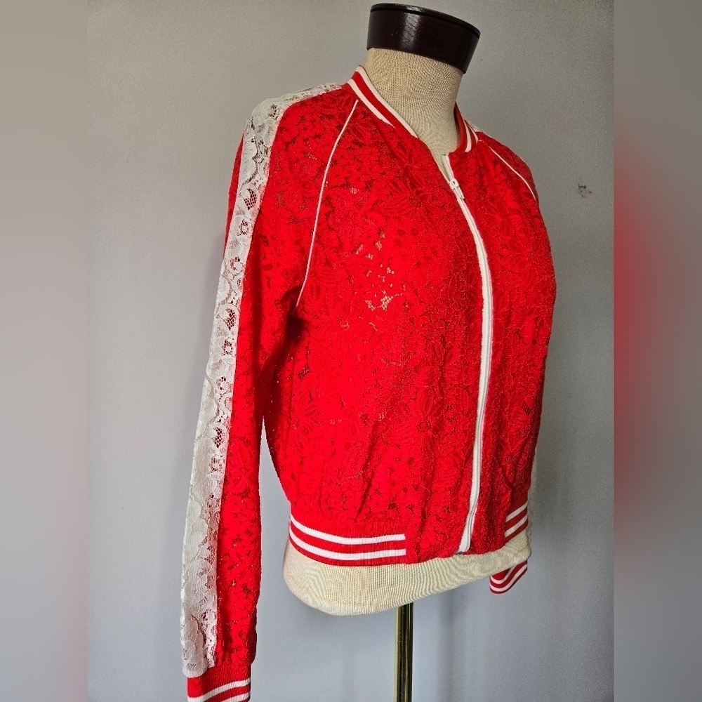Lili Sidonio × Molly Bracken Red Lace Women's Bomber Jacket. Size Small - Picture 4 of 12